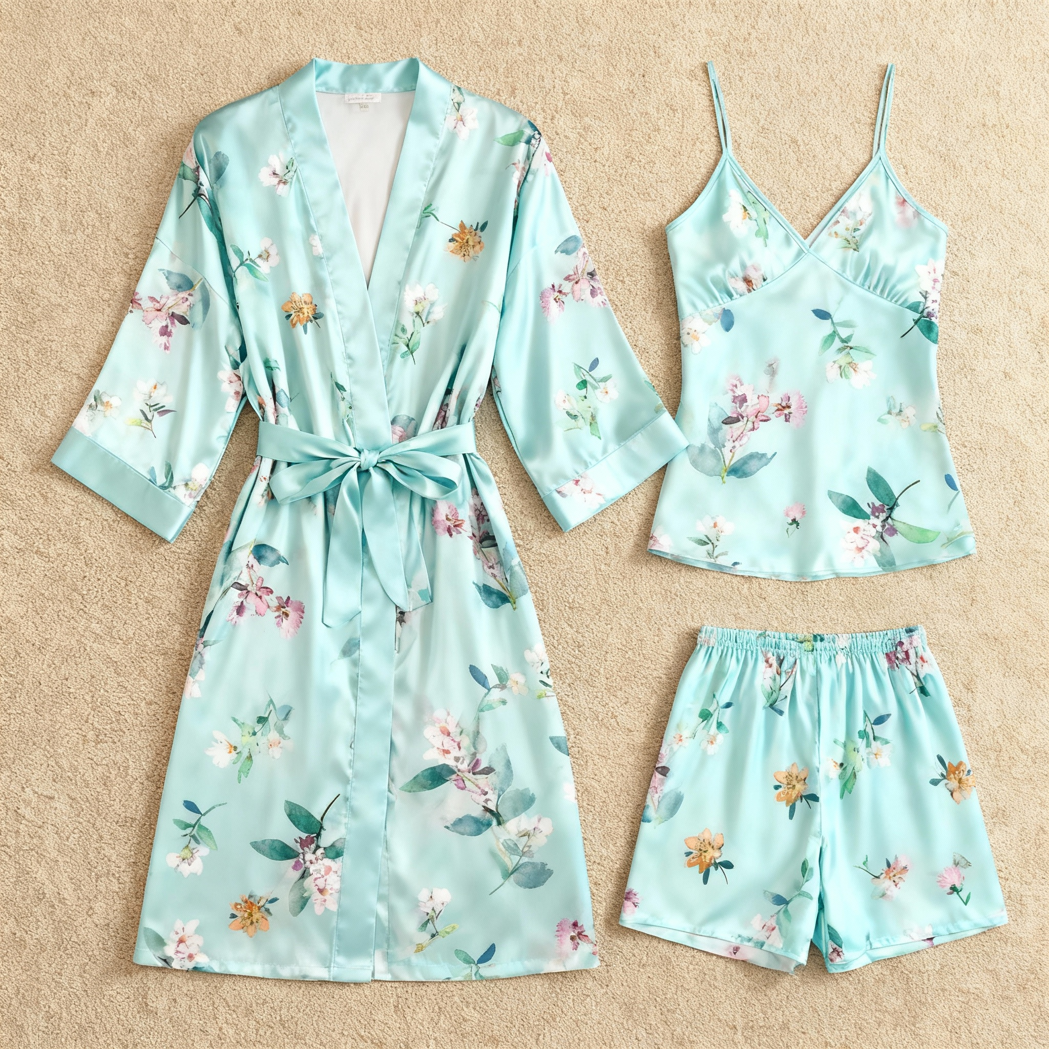 Chic Satin 3-Piece Pajama Set Featuring Elegant Floral Designs