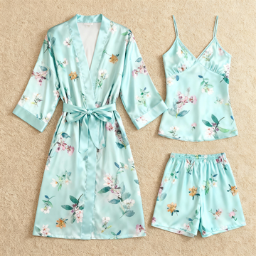 Chic Satin 3-Piece Pajama Set Featuring Elegant Floral Designs