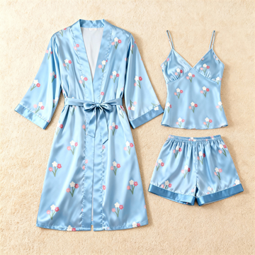 Tiny Floral & Dreamscape Blue Satin Sleepwear Trio for Women