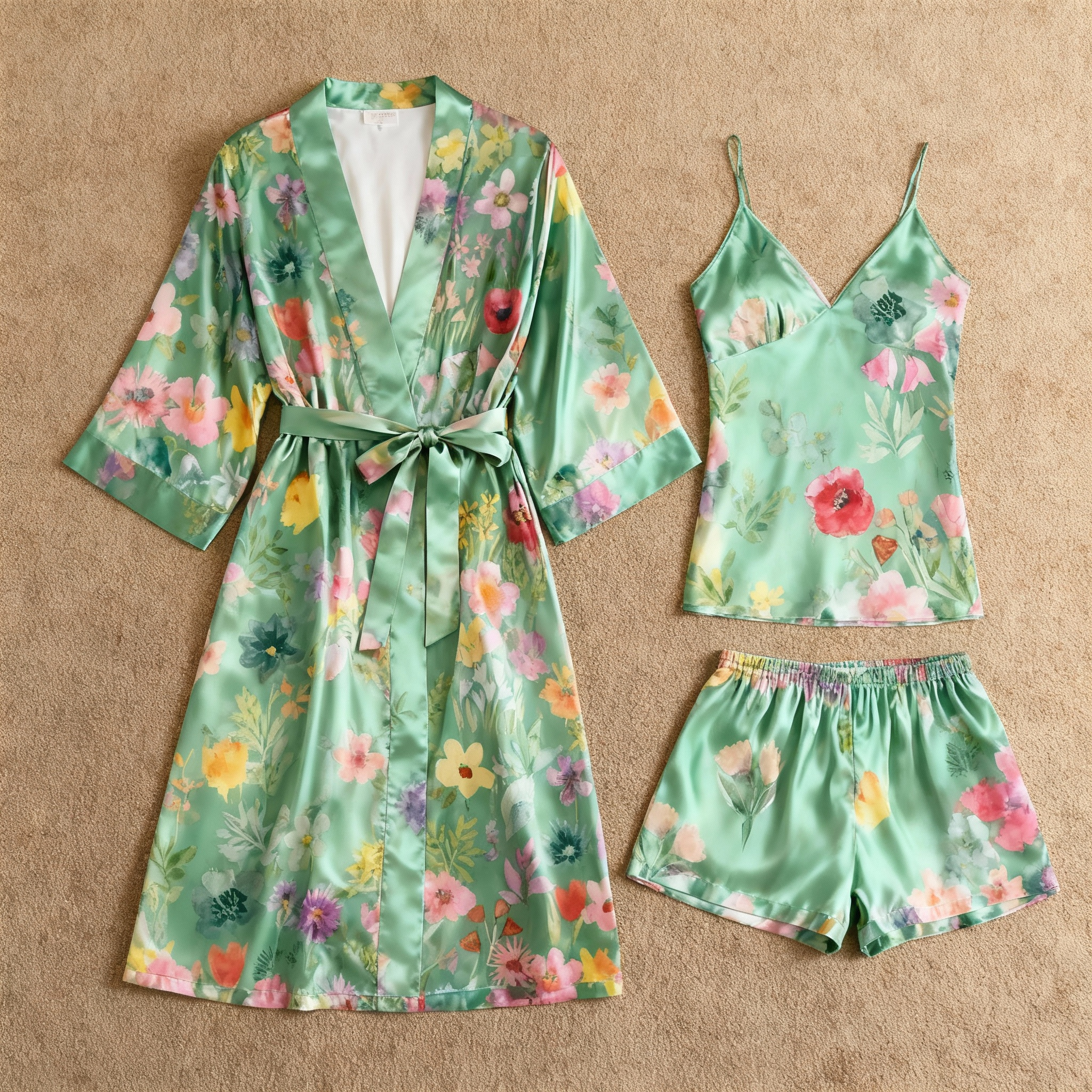 Chic Green Satin 3-Piece Pajama Set Featuring Floral Designs