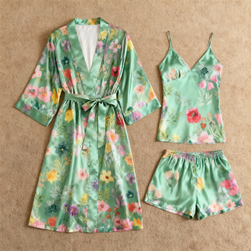 Chic Green Satin 3-Piece Pajama Set Featuring Floral Designs