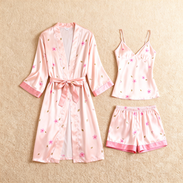 Tiny Pink Floral & Dreamscape Satin Sleepwear Trio for Women