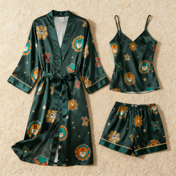 Women's Premium Satin Sleep Set Featuring Elegant Green Print