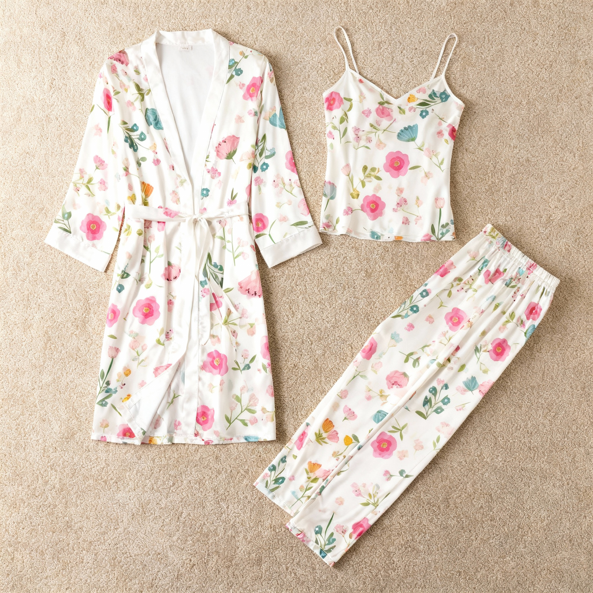 Satin 3-Piece Colorful Floral Sleepwear Set for Women