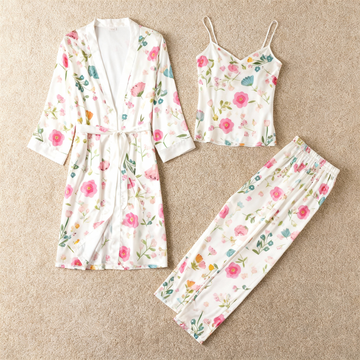 Satin 3-Piece Colorful Floral Sleepwear Set for Women