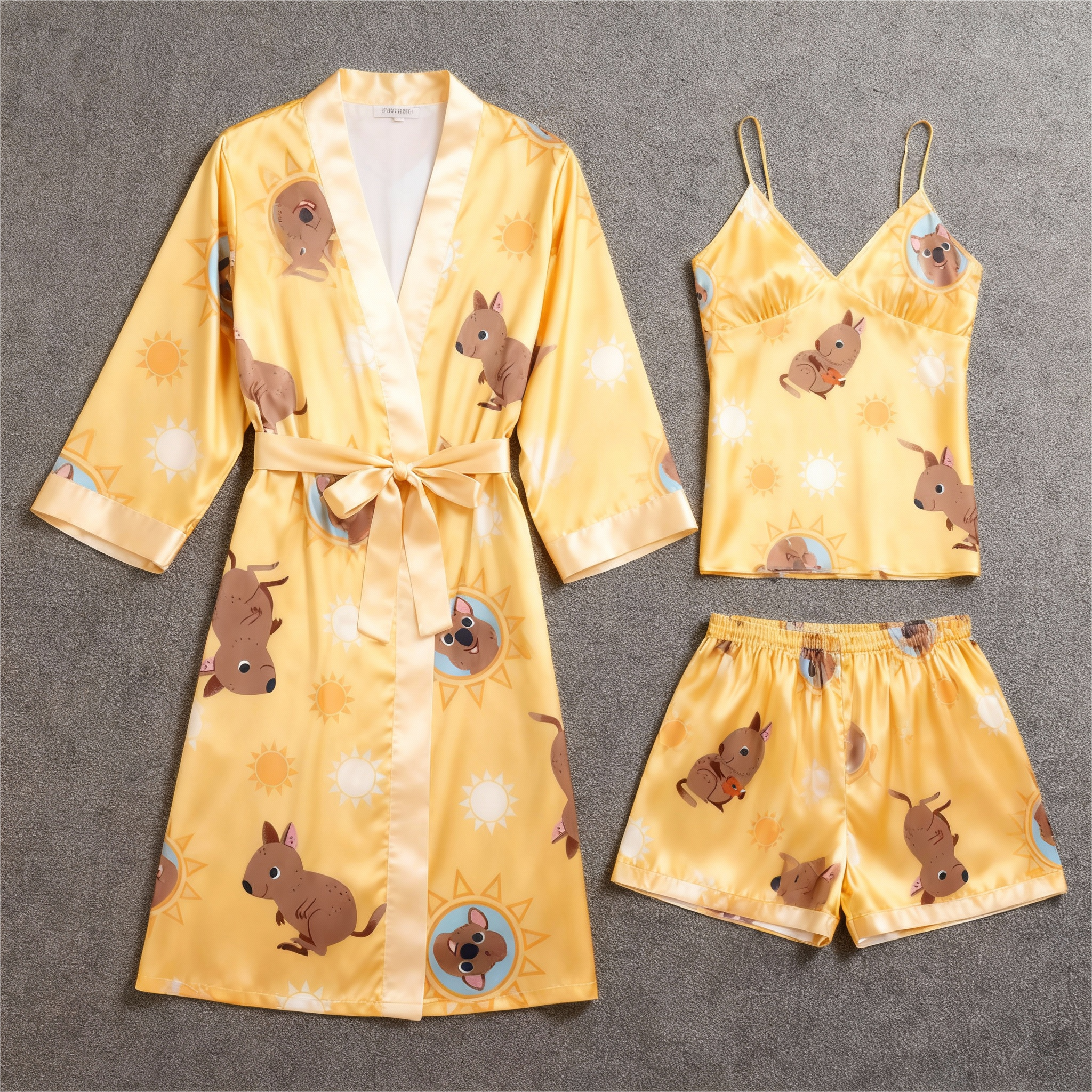 Chic Yellow Satin 3-Piece Pajama Set Featuring Animal Designs