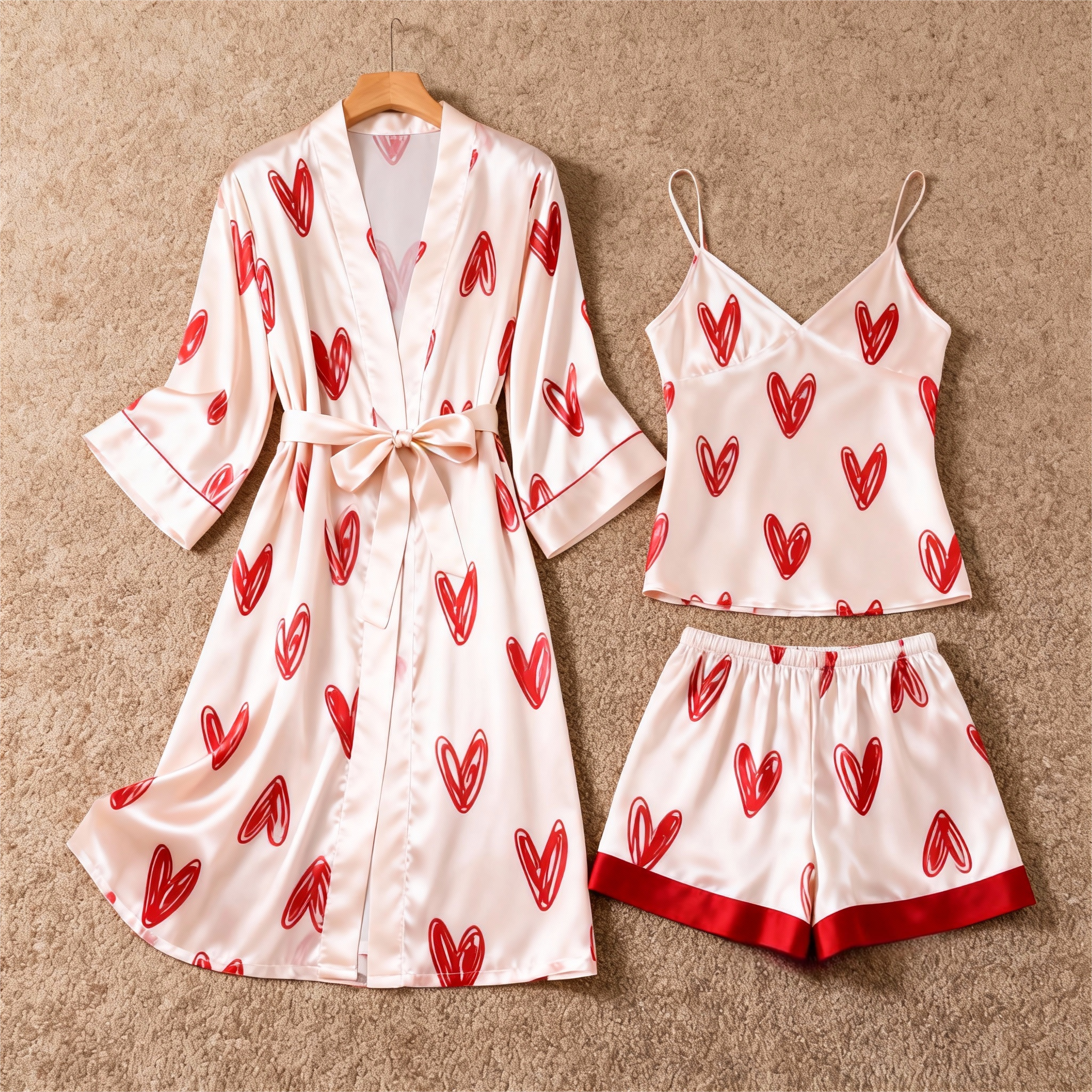 Women's Premium Satin Sleep Set Featuring Heart Sketch Print