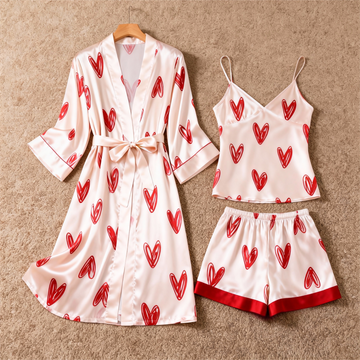 Women's Premium Satin Sleep Set Featuring Heart Sketch Print