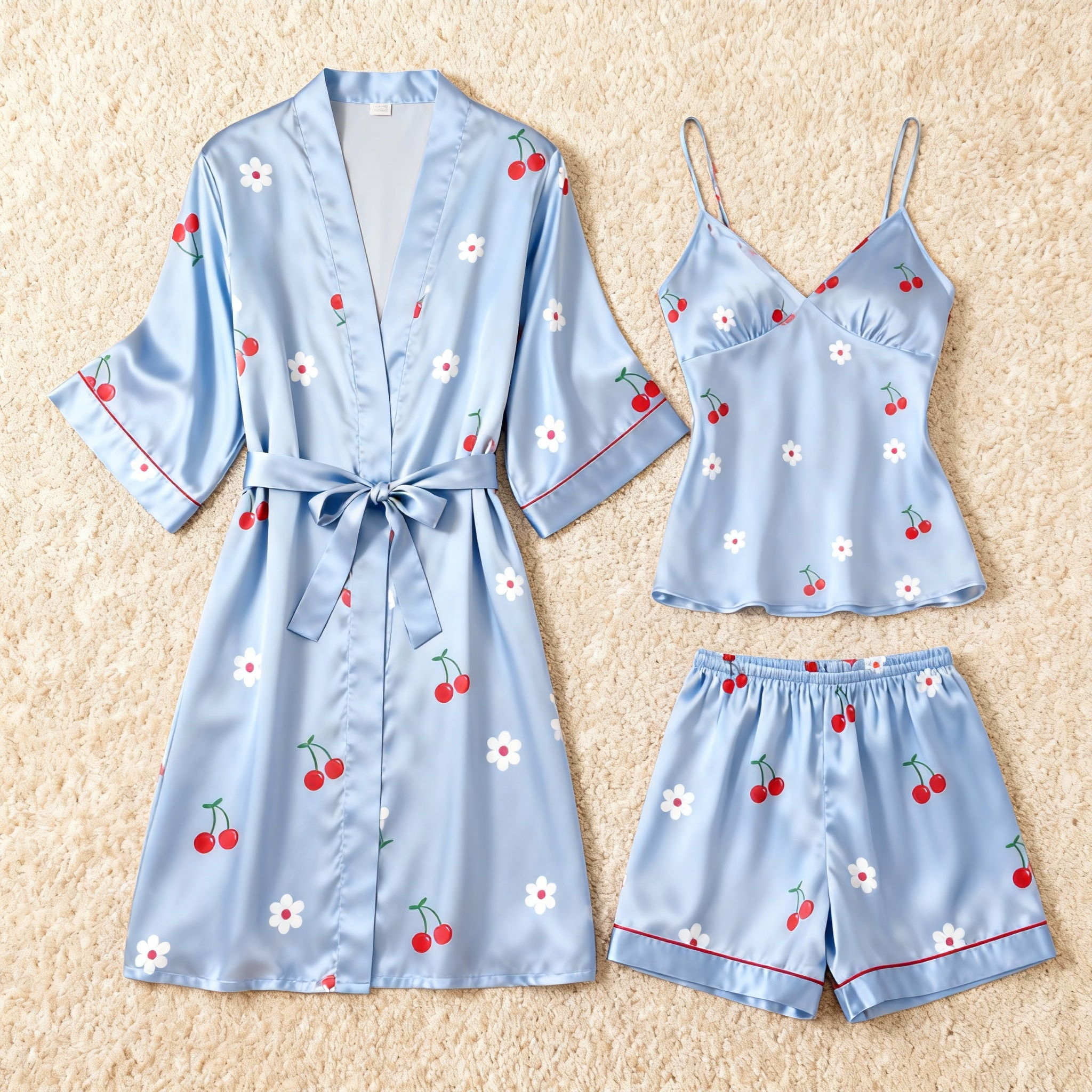 Mini Cherry & Dreamscape Satin Sleepwear Trio for Women