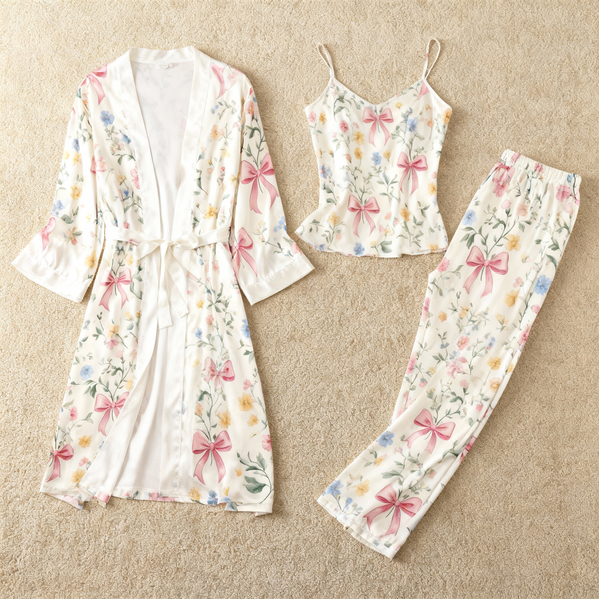 Satin 3-Piece Intricate Floral & Bowknot Sleepwear Set for Women