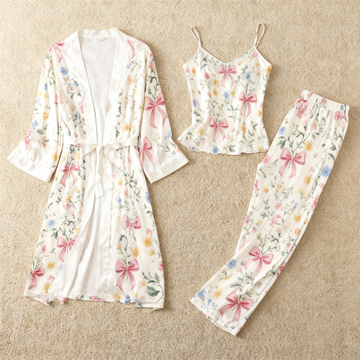 Satin 3-Piece Intricate Floral & Bowknot Sleepwear Set for Women