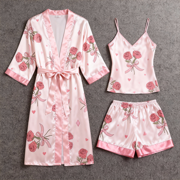 Women's Premium Satin Sleep Set Featuring Rose Design