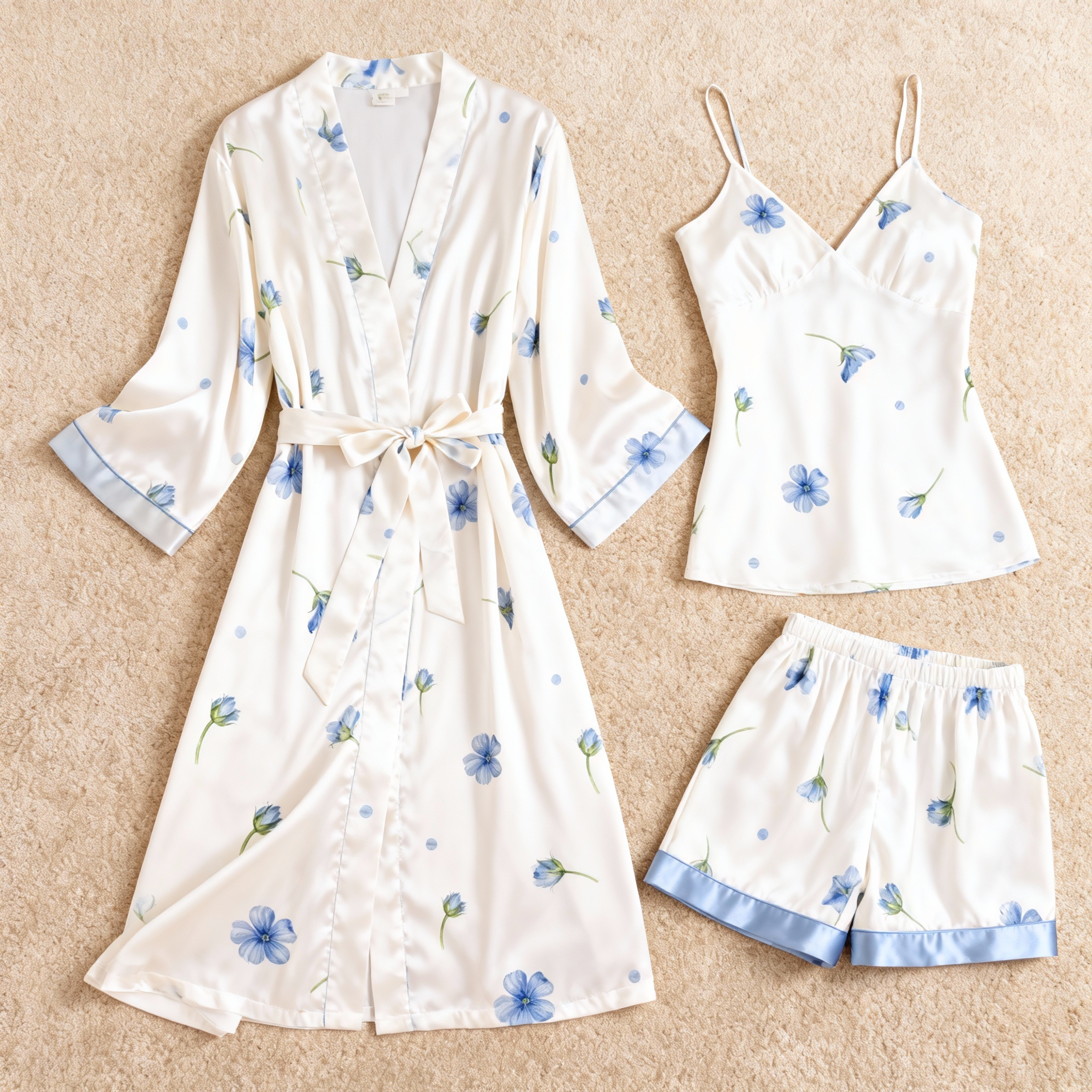 Soft Blue Floral Motif & Dreamscape Satin Sleepwear Trio for Women