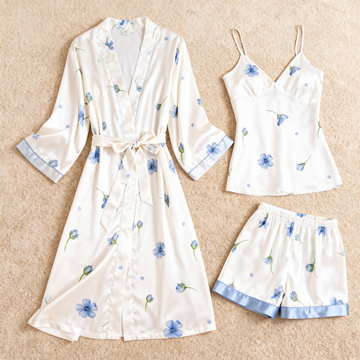 Soft Blue Floral Motif & Dreamscape Satin Sleepwear Trio for Women