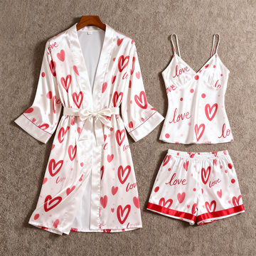 Women's Premium Satin Sleep Set Featuring Love & Heart Design