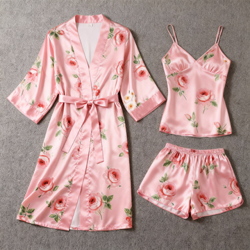 Chic Satin 3-Piece Pajama Set Featuring Romantic Rose Designs