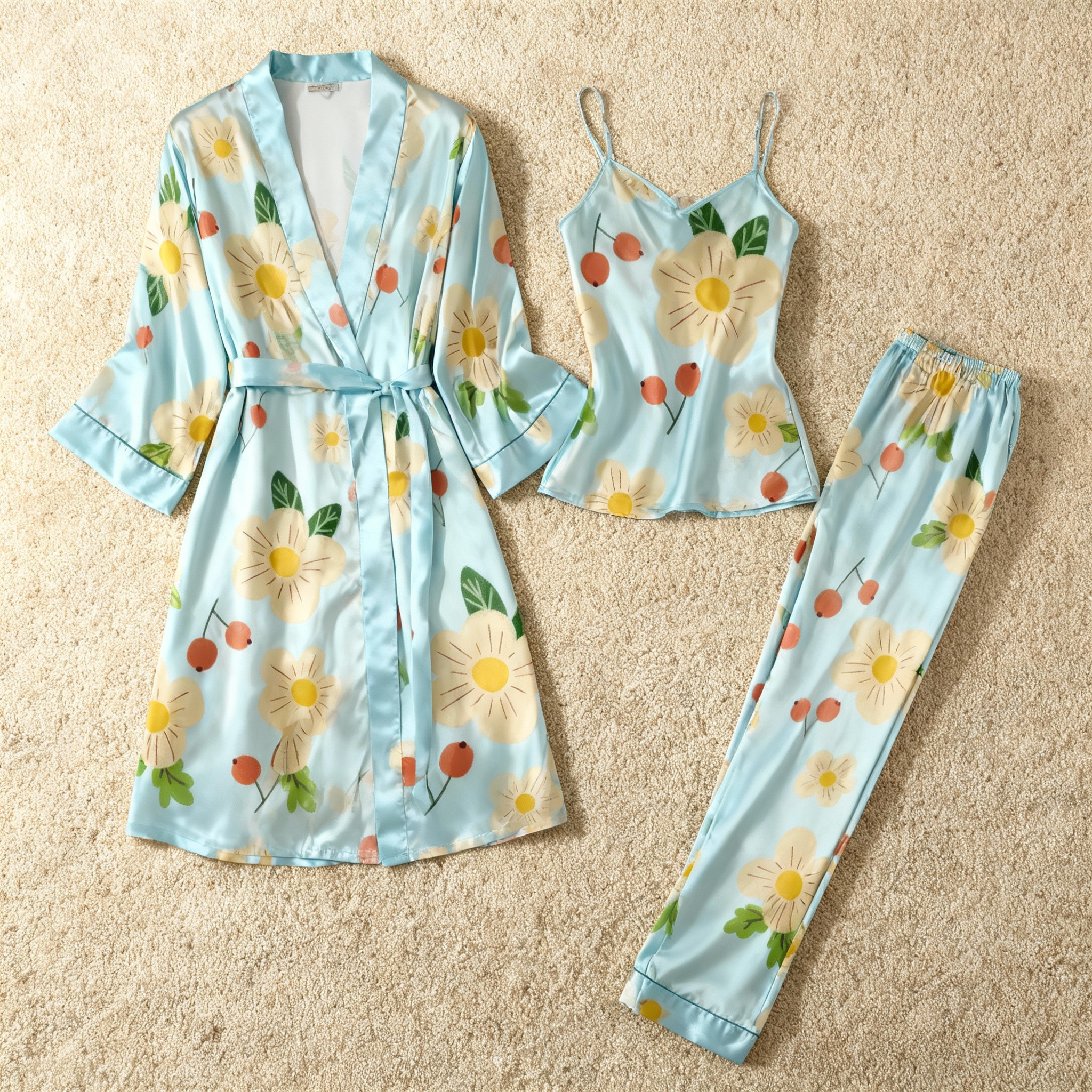 Satin 3-Piece Wildflower Meadow Sleepwear Set for Women