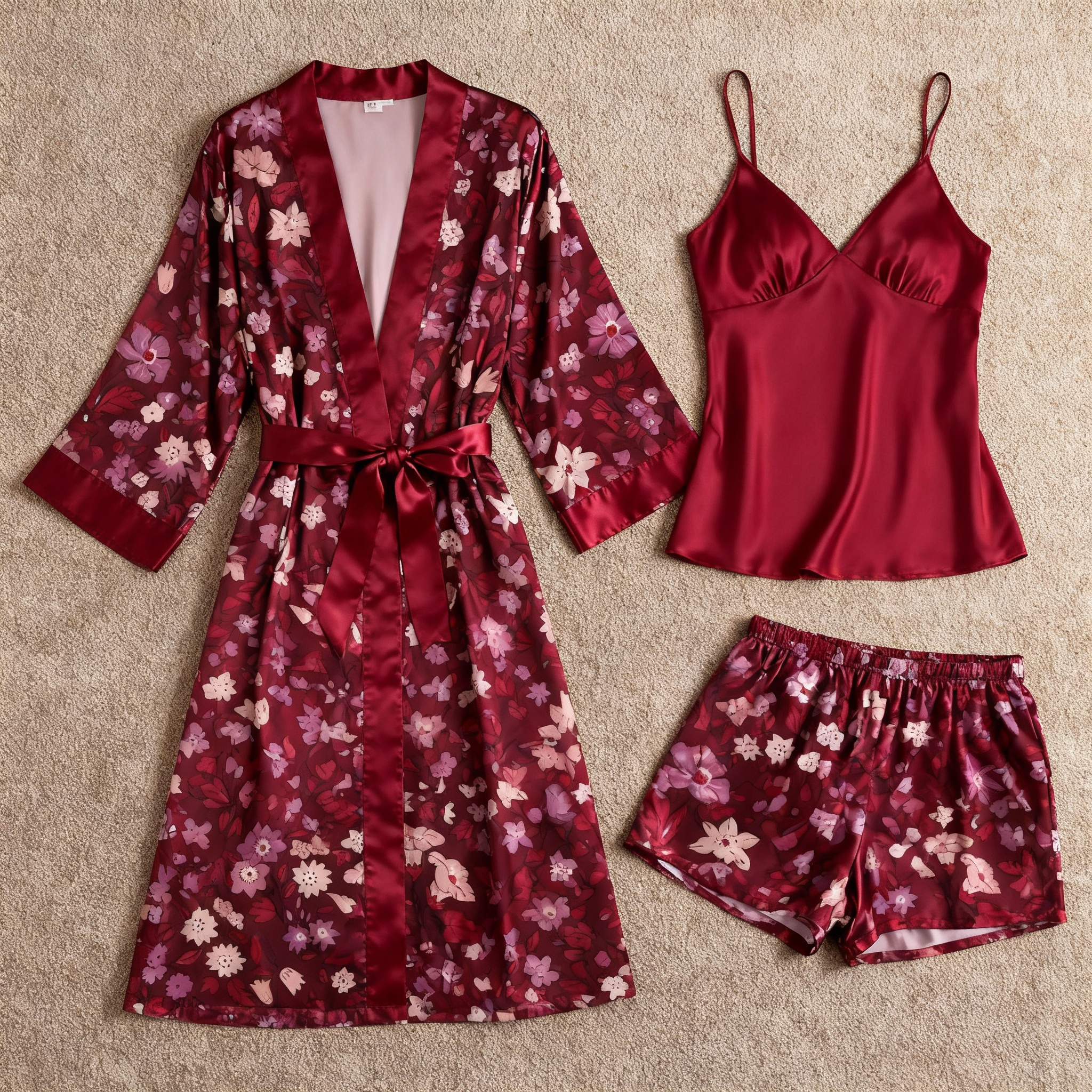 Chic Burgundy Satin 3-Piece Pajama Set Featuring Floral Designs