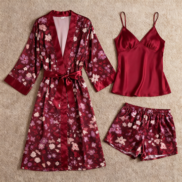 Chic Burgundy Satin 3-Piece Pajama Set Featuring Floral Designs