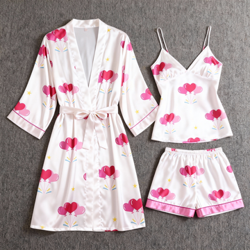Women's Premium Satin Sleep Set Featuring Pink Heart Design