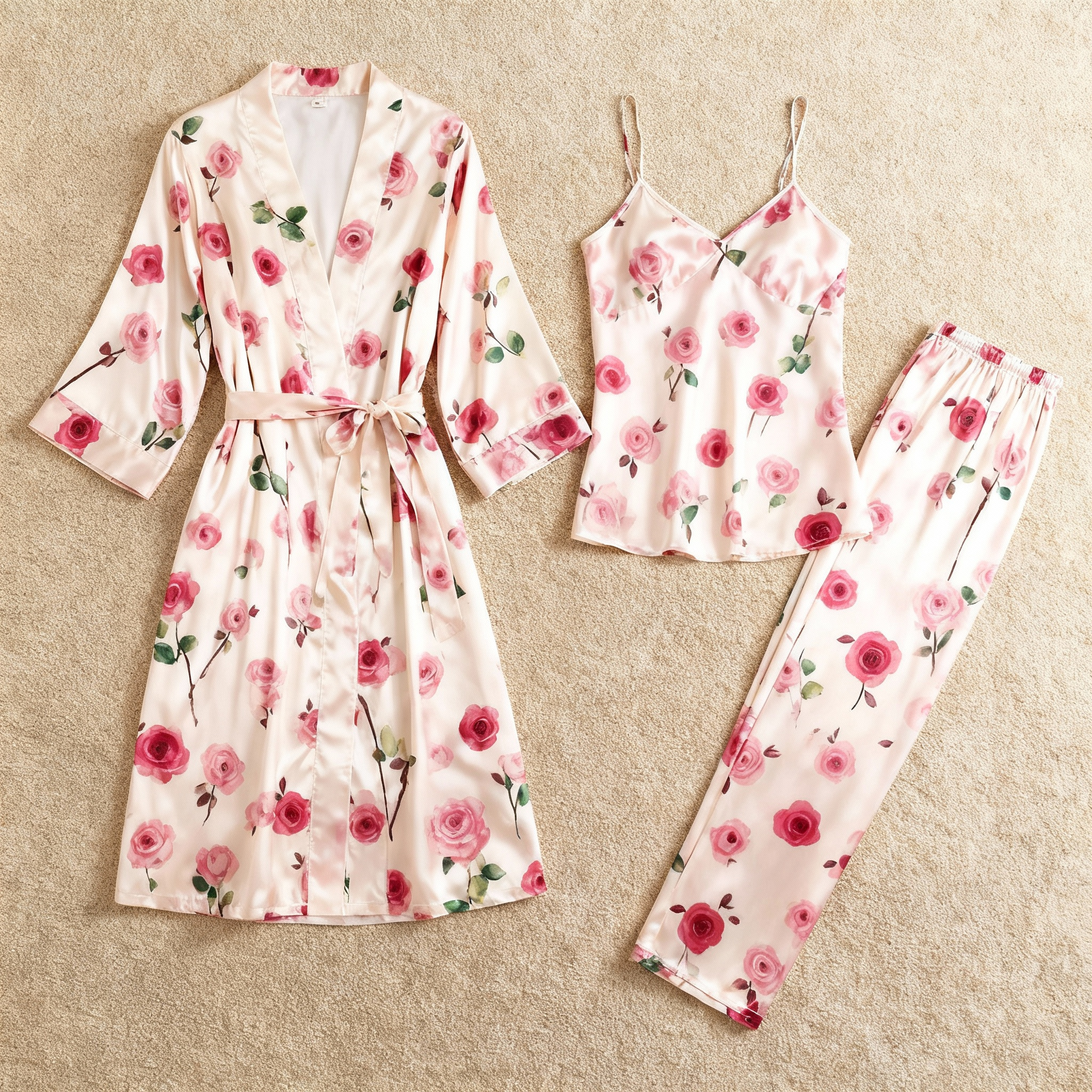 Satin 3-Piece Elegant Rose Sleepwear Set for Women