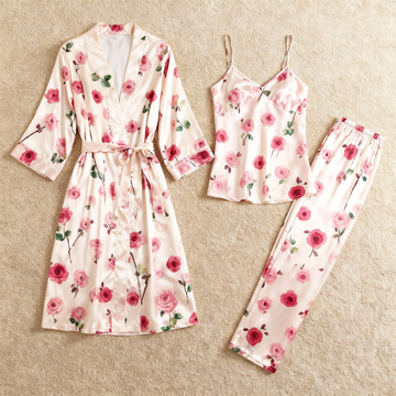 Satin 3-Piece Elegant Rose Sleepwear Set for Women
