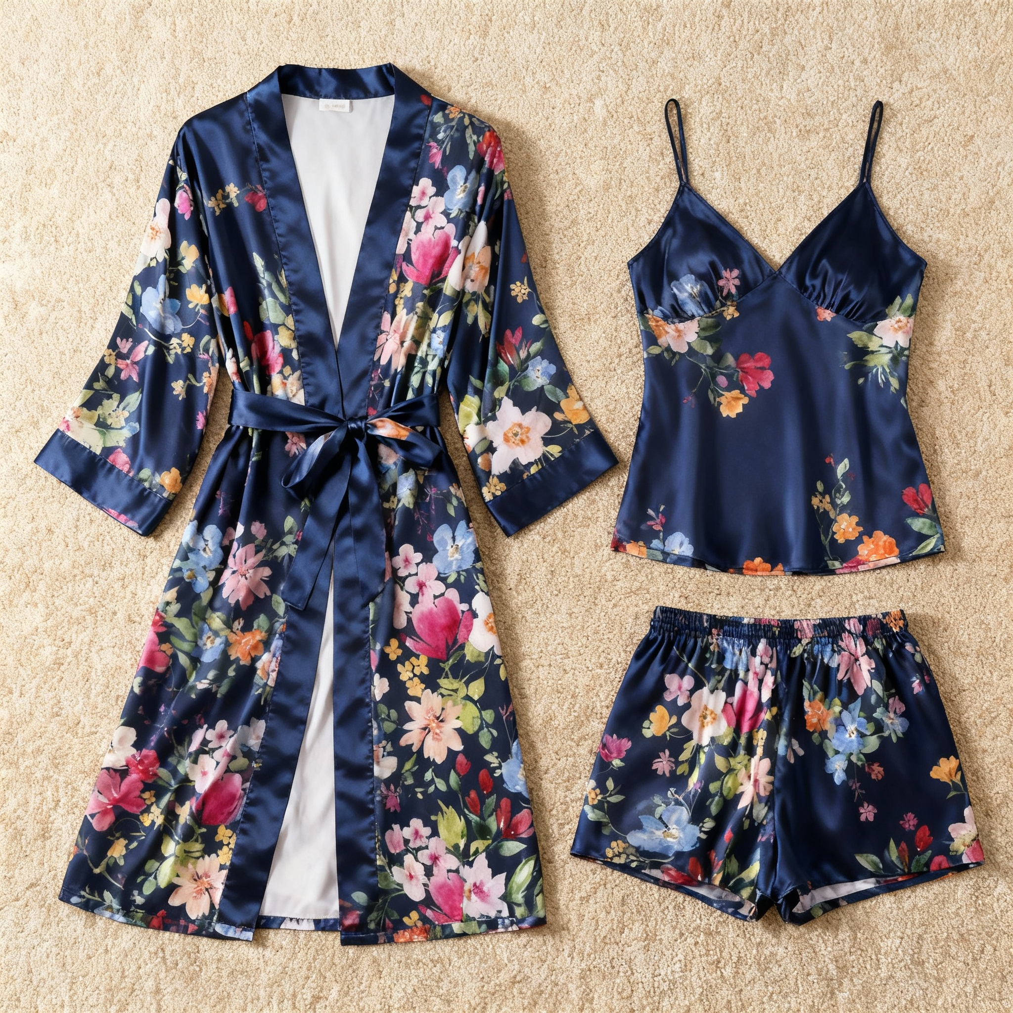 Chic Satin 3-Piece Pajama Set Featuring Elegant Floral Designs