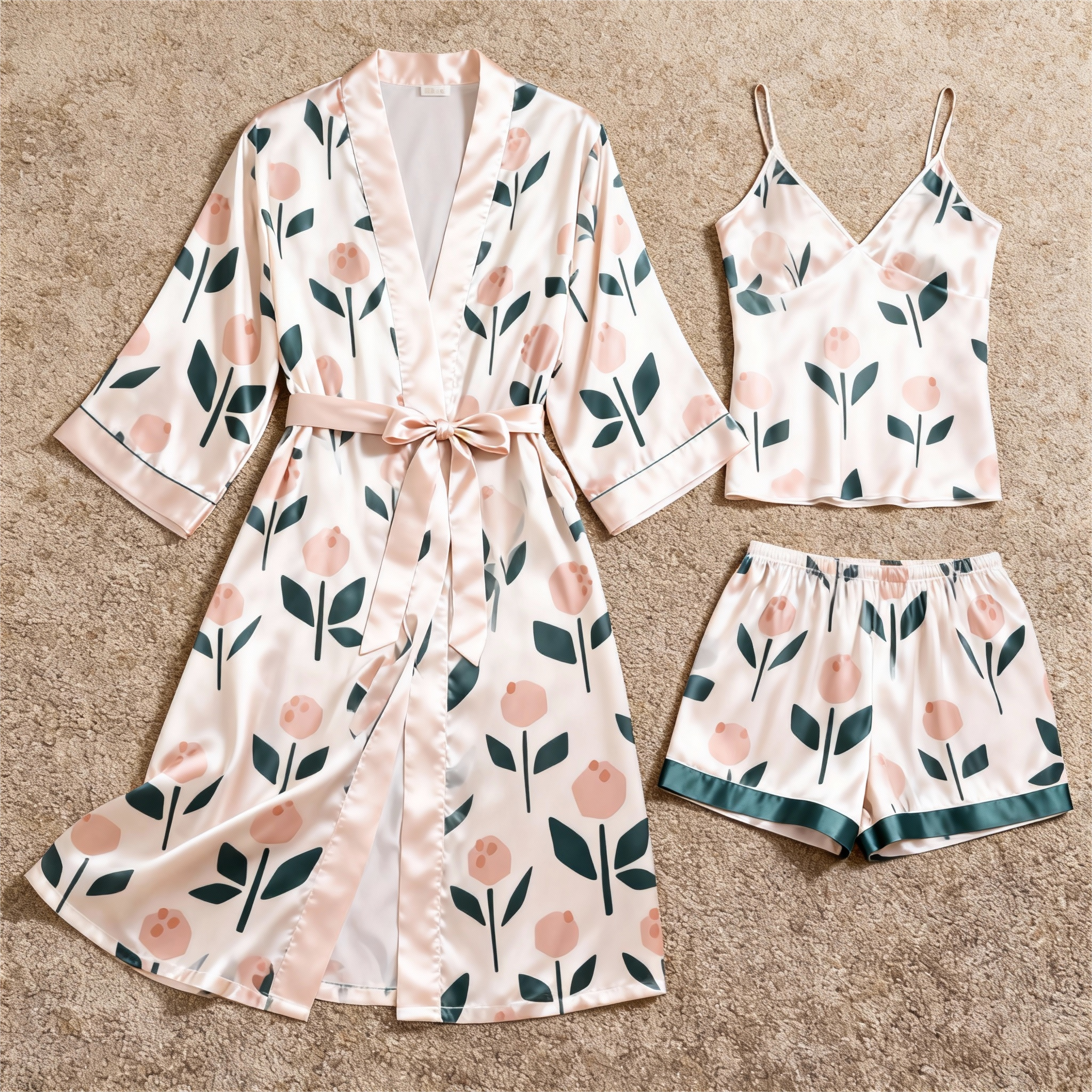 Women's Premium Satin Sleep Set Featuring Minimalist Plant Design