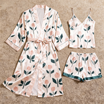 Women's Premium Satin Sleep Set Featuring Minimalist Plant Design