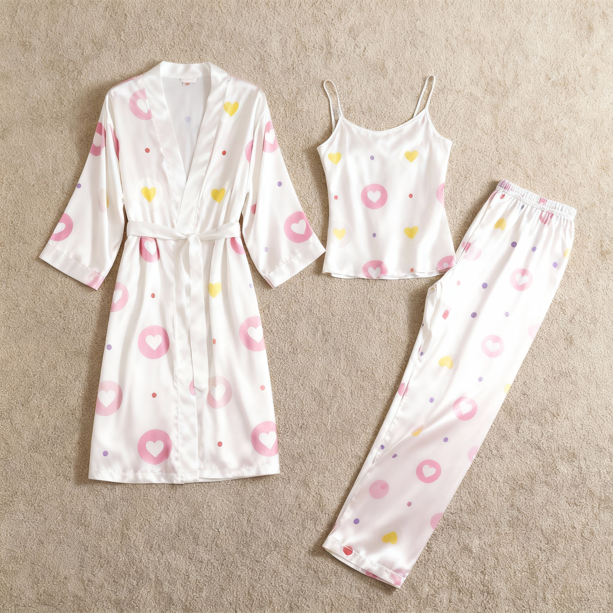 Women's Satin 3-Piece Loungewear Set in Dreamy Heart Style