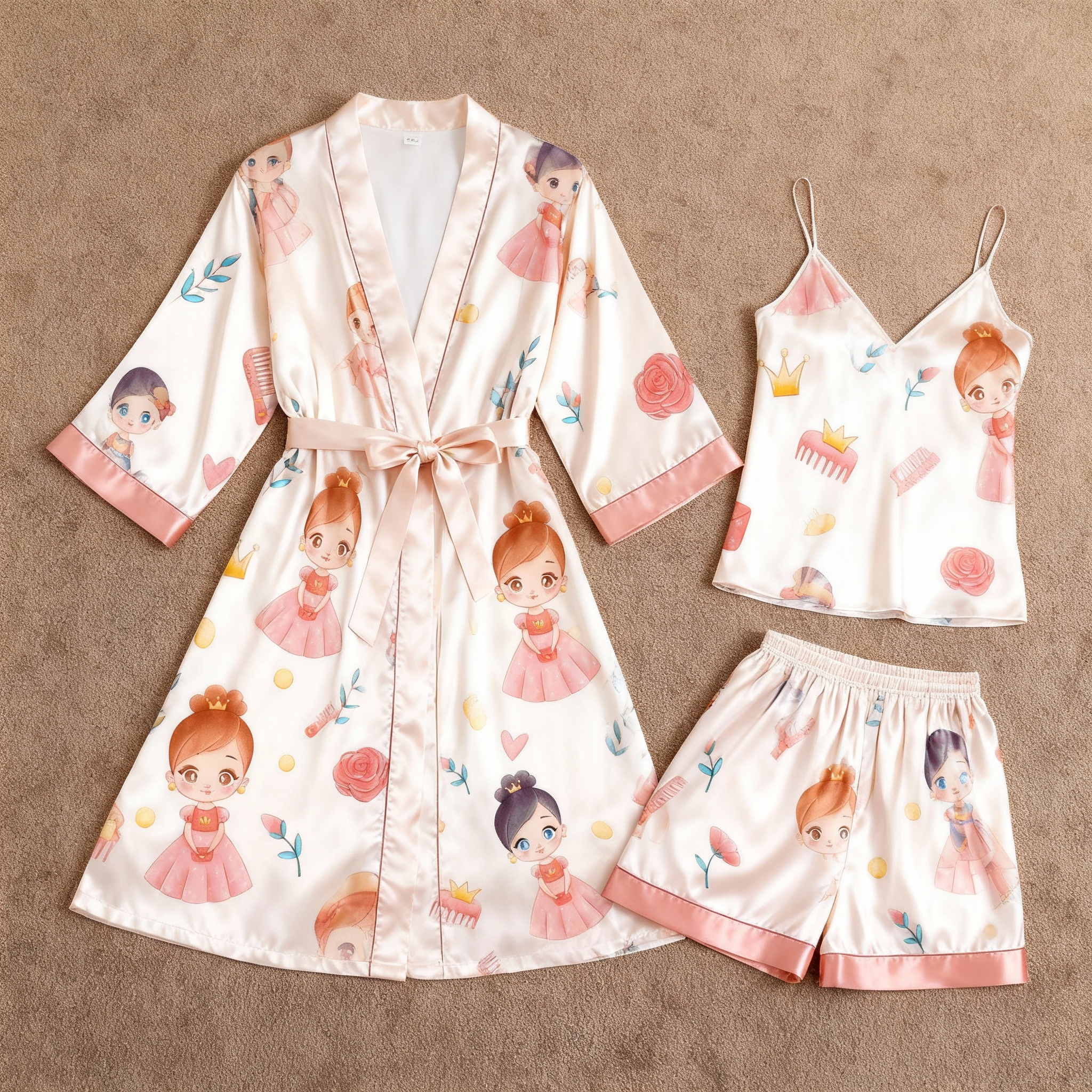Women's Premium Satin Sleep Set Featuring Cute Cartoon Character