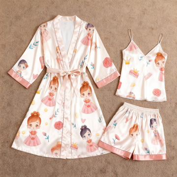 Women's Premium Satin Sleep Set Featuring Cute Cartoon Character