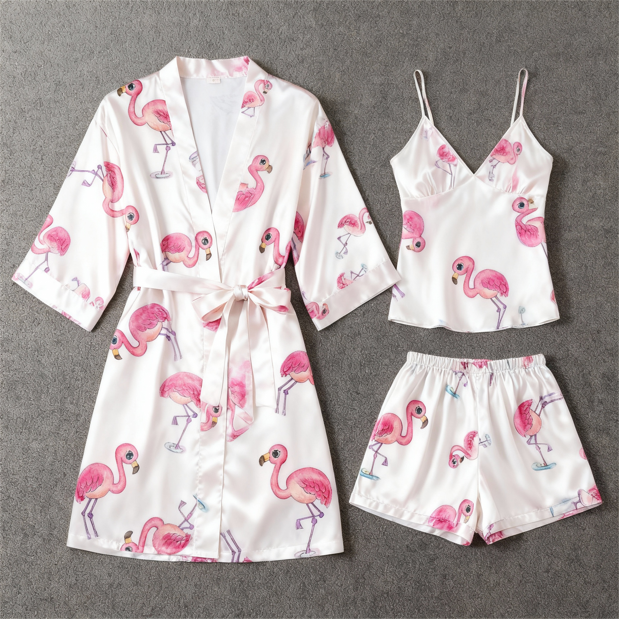 Chic Satin 3-Piece Pajama Set Featuring Pink Flamingo Designs