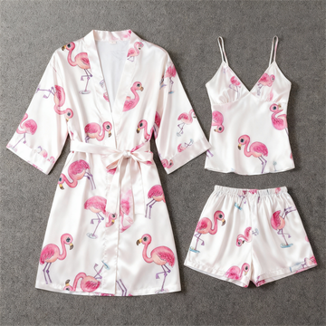 Chic Satin 3-Piece Pajama Set Featuring Pink Flamingo Designs
