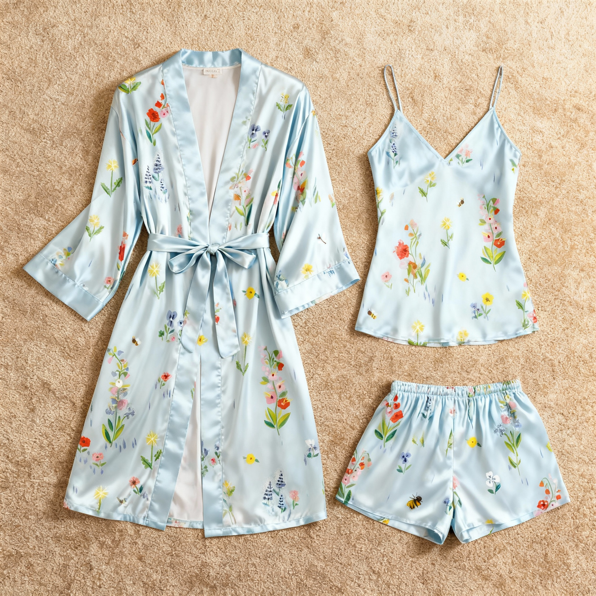 Elegant Satin Light Blue Loungewear Trio with Florals Motif