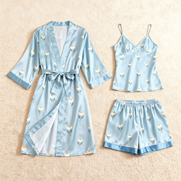 White Floral Print Elegance 3-Piece Satin Lounge Set for Women