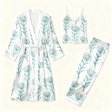 Women's 3-Piece Botanical Leaves Design Satin Lounge Outfit