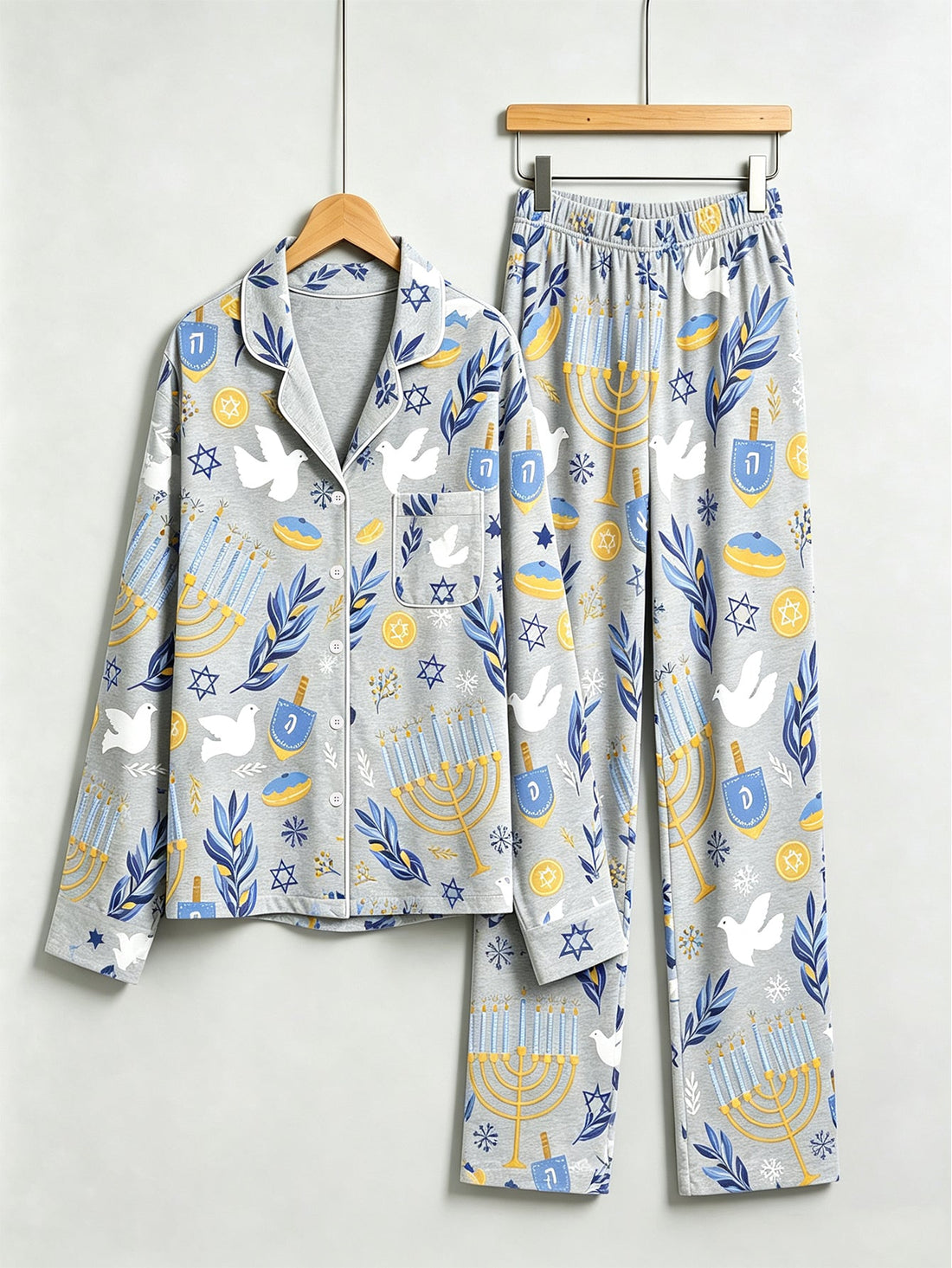 Hanukkah Family Pajamas Two-Piece Button-Front Long Sleeve Long Pants with Pocket - Hanukkah Menorah & Dove Print