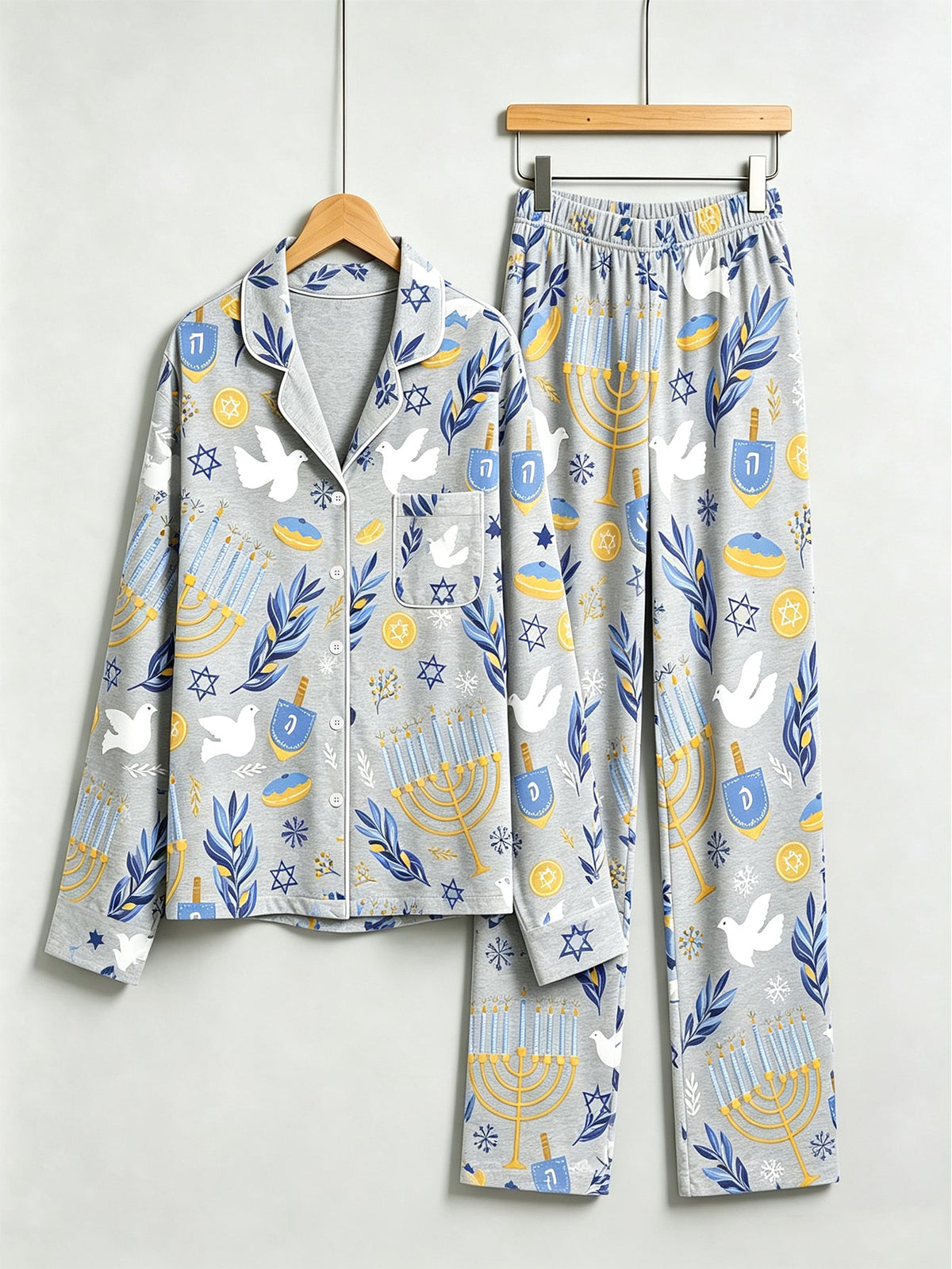 Hanukkah Family Pajamas Two-Piece Button-Front Long Sleeve Long Pants with Pocket - Hanukkah Menorah & Dove Print