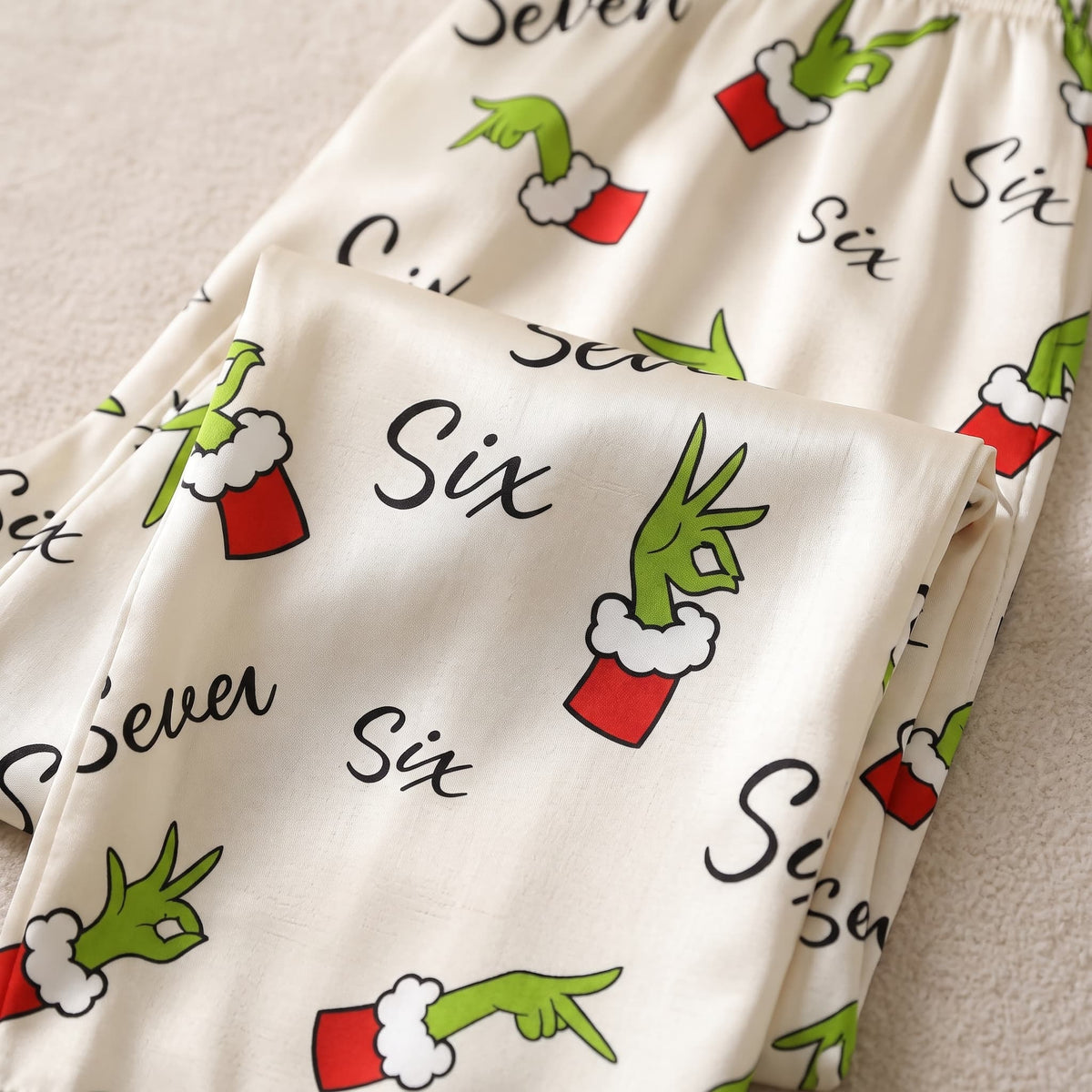 67 Holiday Green Hand Print Satin Matching Pajamas for Couples – Long Sleeve Button-Down Top & Pants Sleepwear Set