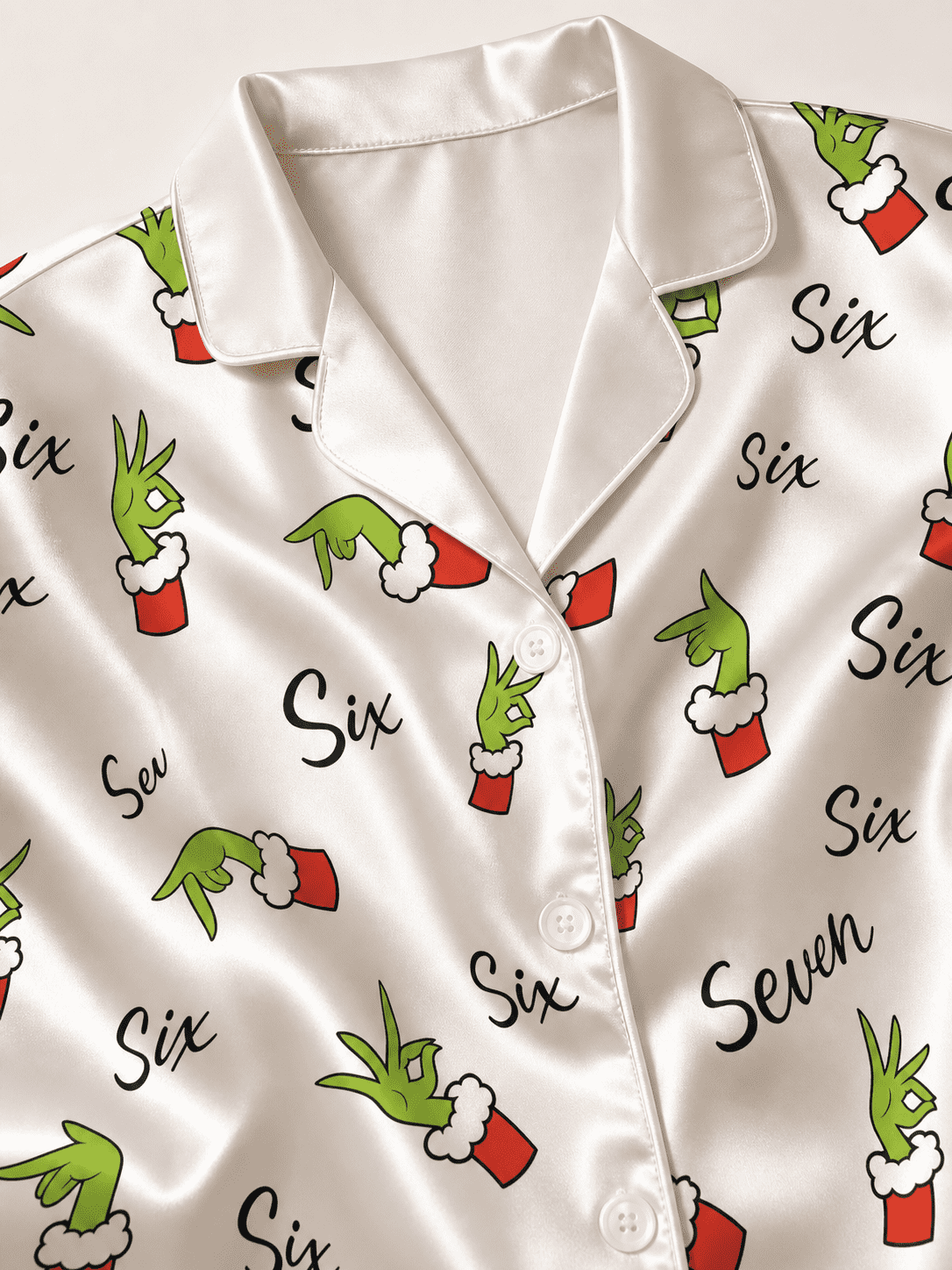67 Holiday Green Hand Print Satin Matching Pajamas for Couples – Long Sleeve Button-Down Top & Pants Sleepwear Set