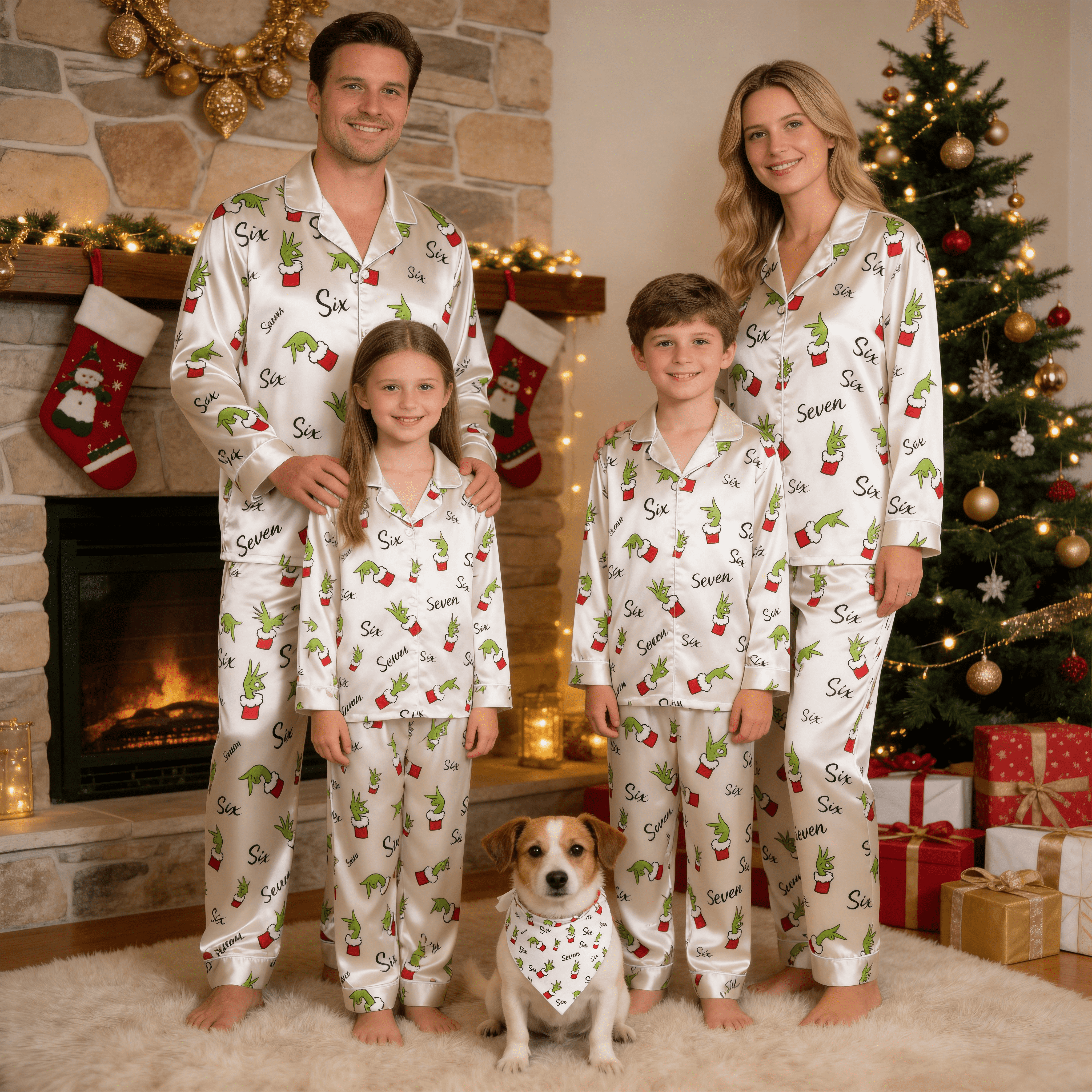 Funny Green Hand Gesture & Number Print Satin Button-Up Family Christmas Pajamas Set