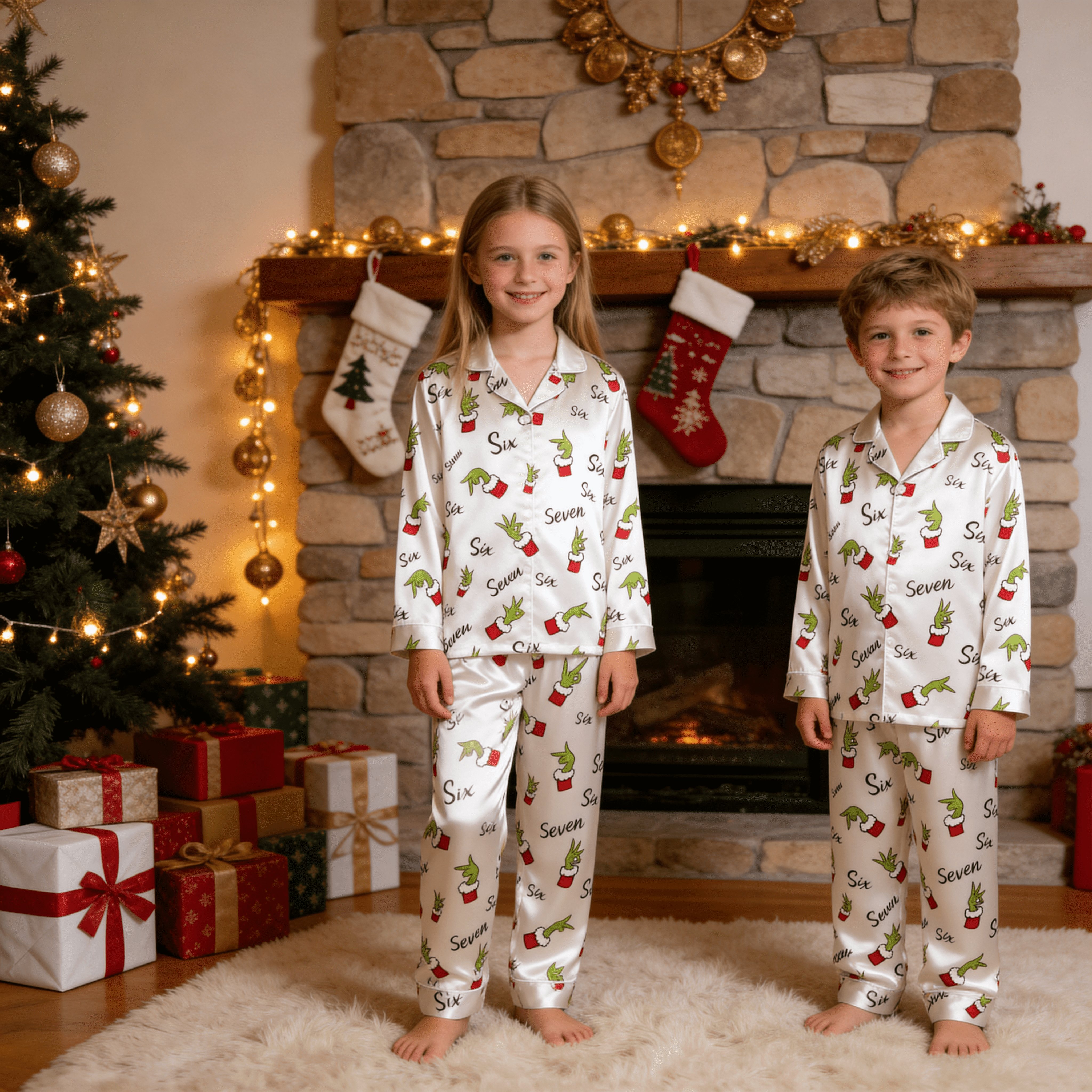Funny Green Hand Gesture & Number Print Satin Button-Up Family Christmas Pajamas Set