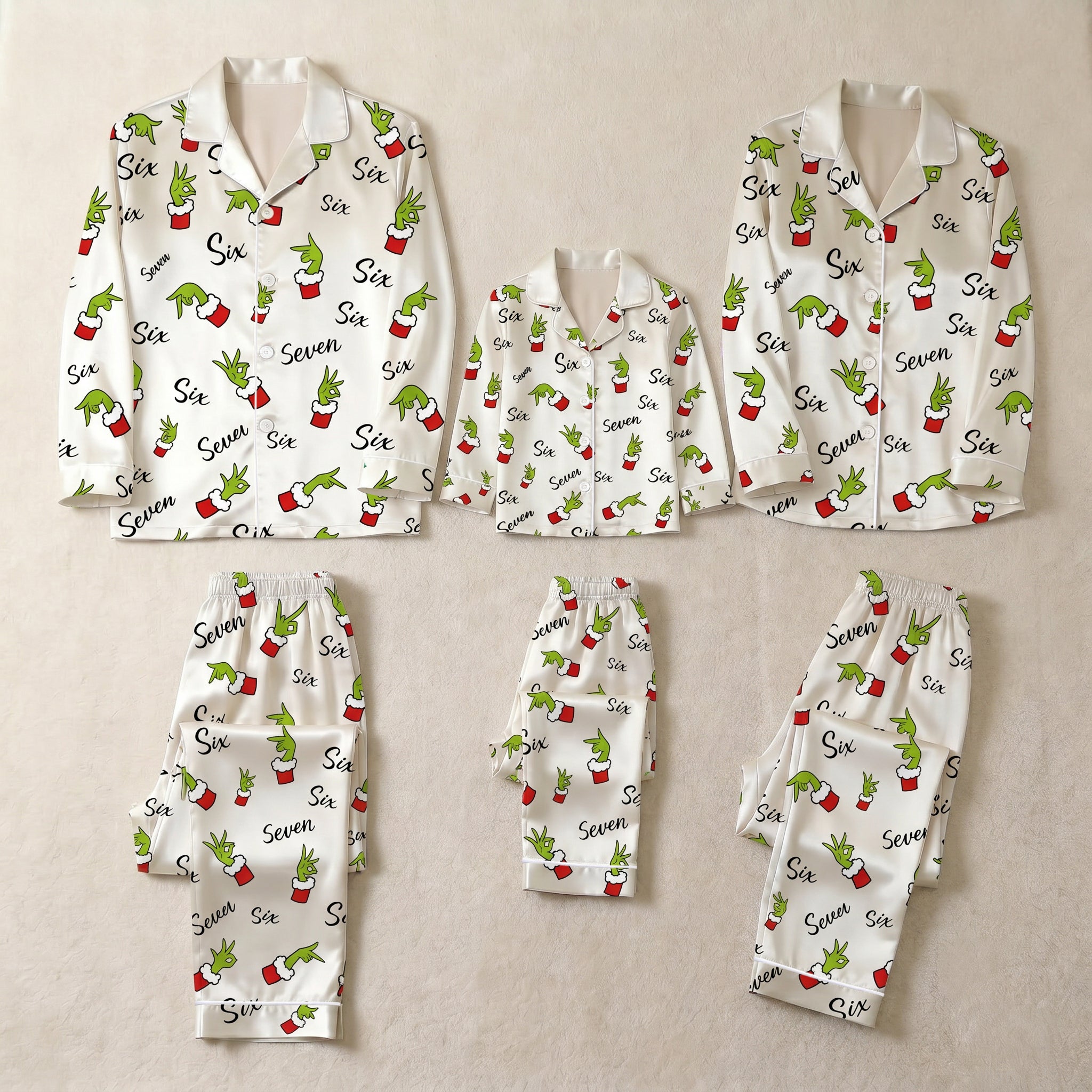 Funny Green Hand Gesture & Number Print Satin Button-Up Family Christmas Pajamas Set