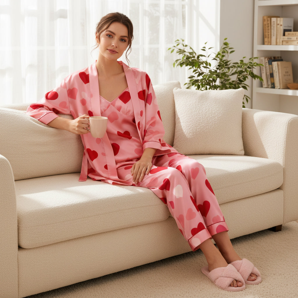 Women's 3-Piece Heart Print Pajamas with Long Robe
