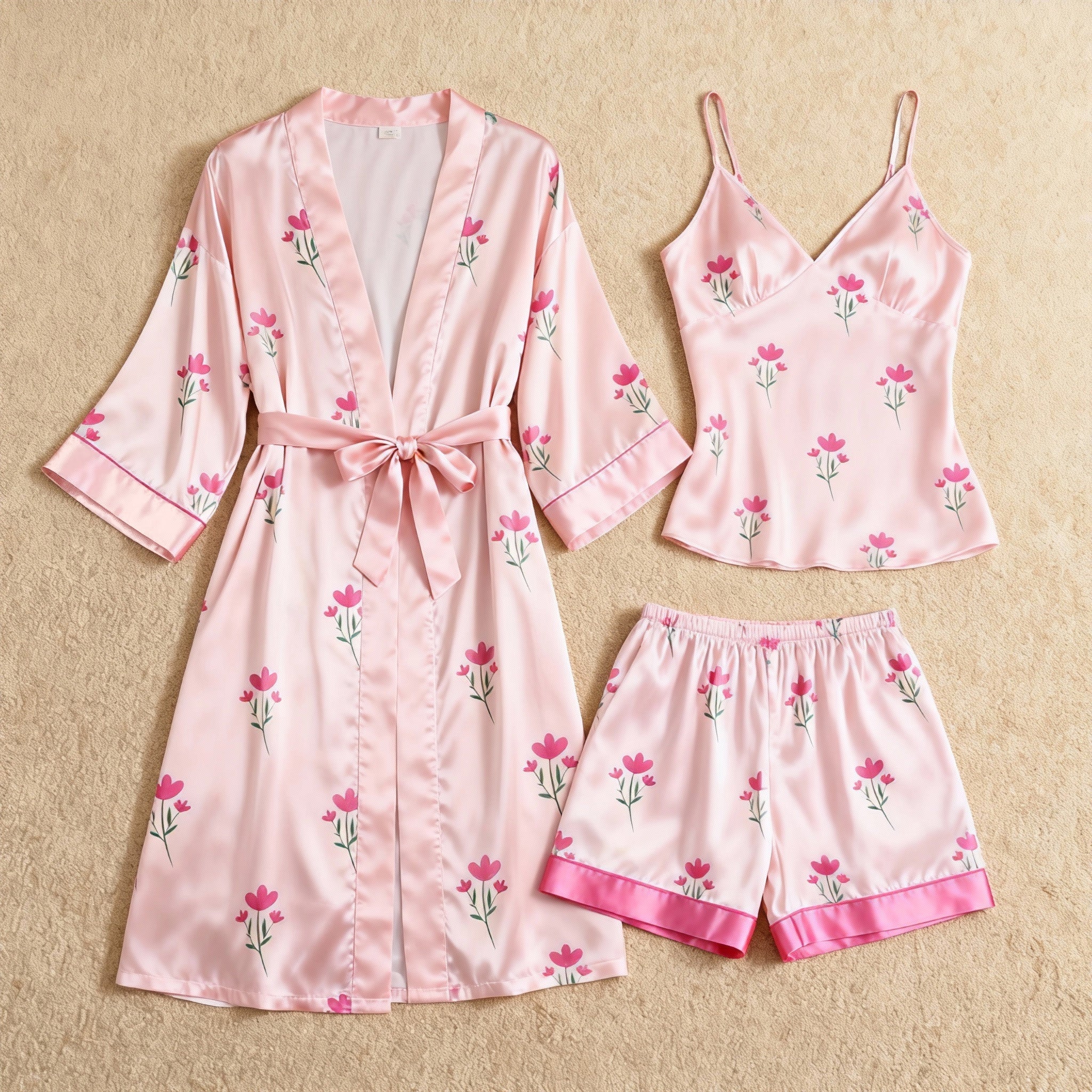 Chic Floral Satin Lounge Set - Robe, Camisole, Shorts