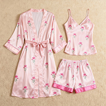 Chic Floral Satin Lounge Set - Robe, Camisole, Shorts