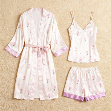 Feminine Satin 3-Piece Sleepwear - Printed Robe, Tank, Shorts