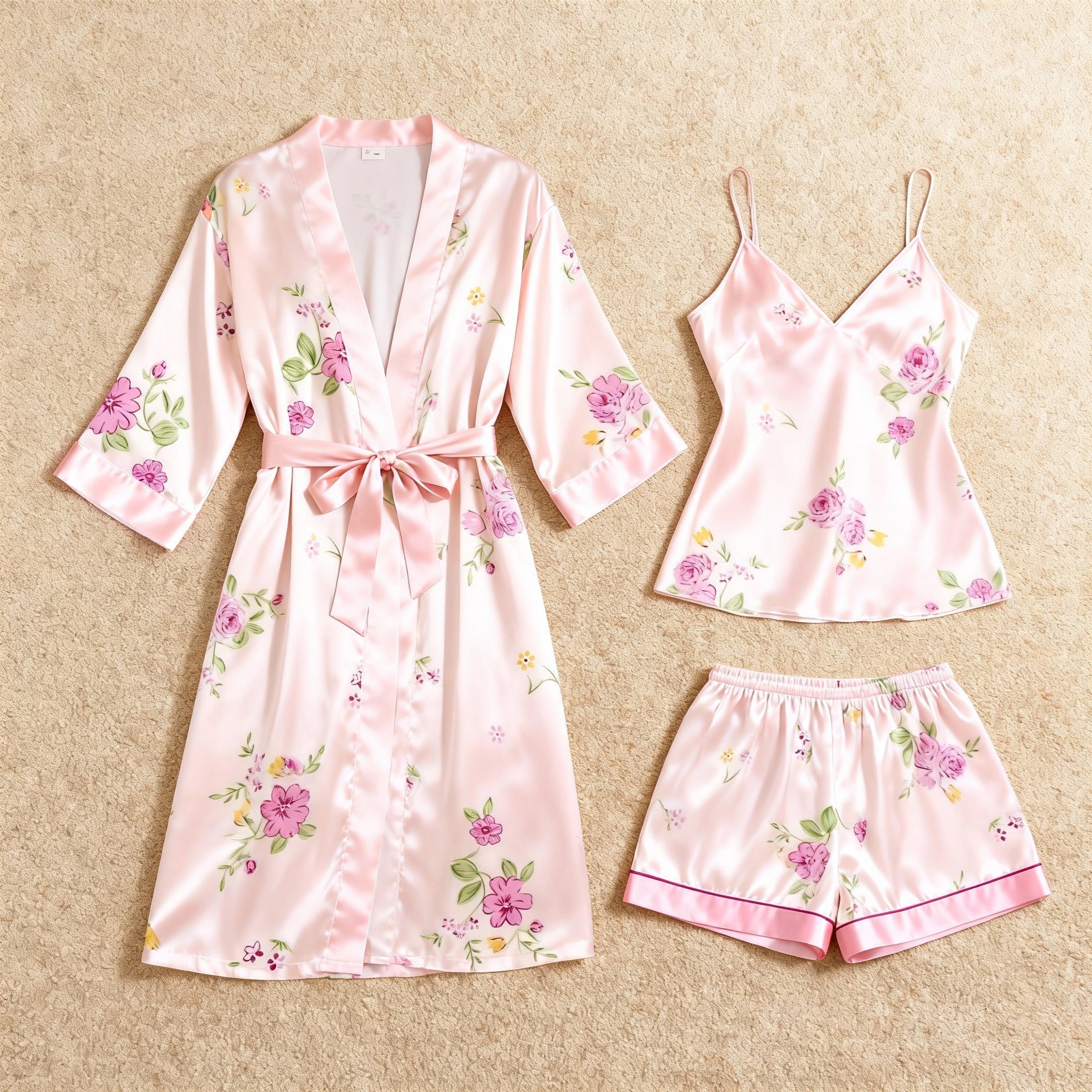 Lightweight Printed Satin Sleep Set - Robe, Camisole & Shorts