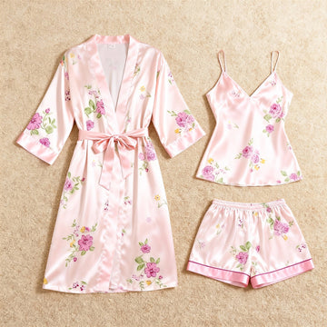 Lightweight Printed Satin Sleep Set - Robe, Camisole & Shorts